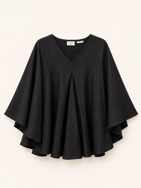 Massimo Dutti Studio Black Linen Blend Cape Sleeve Blouse